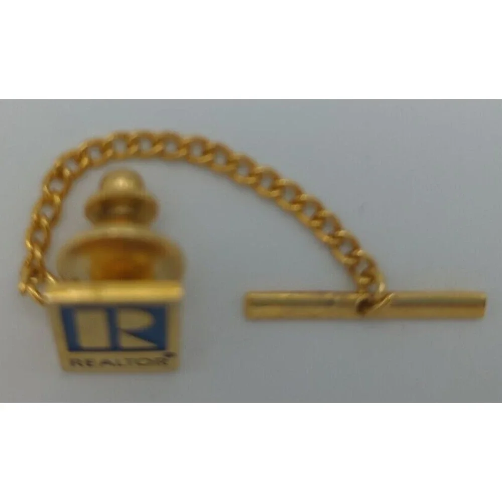 Vtg Realtor Tie Tack Pin  Chain And Bar Goldtone Blue Enamel Real‎ Estate